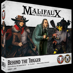 Behind the Trigger box set for the tabletop miniatures skirmish game Malifaux. This set includes plastic miniatures for the Guild and Bayou factions including a female gun slinger, weapon seller and fully armed hunter carrying a pig under one arm for your gaming table, hobby needs or miniature collection.