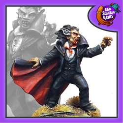 A classic stance vampire from Bad Squiddo Games, this metal 28mm scale miniature has his cape behind him held by one hand and his other hand is reaching out in front of him.