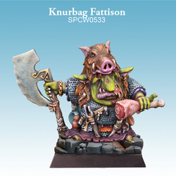 Resin miniature from Spellcrow, Knurbag Fattison is a 28mm scale for your gaming table of a Goblin with an axe in one hand and a leg of ham in the other, he even has his little finger raised and the rest of the hog on his head.