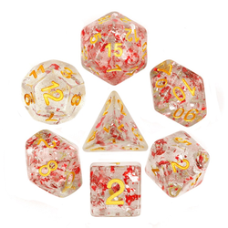 set of gold numbered dice with red and silver glitter flakes inside 