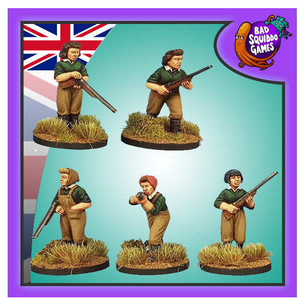 Bad squiddo gaming miniatures, this image has a purple boarder, the united kingdom flag in the top left and the bad squiddo logo in the top right. 