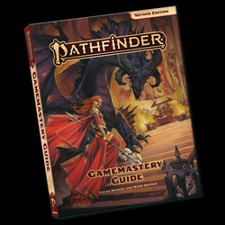 Pathfinder Gamemastery Guide Second Edition book cover art showing a female in long flowing red dress and a dragon