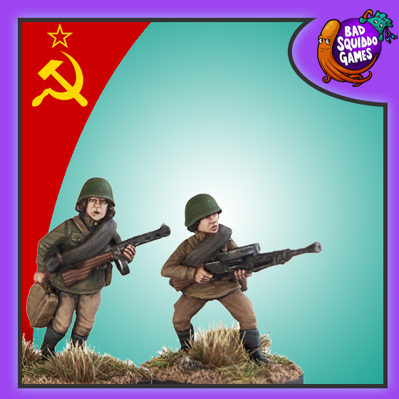 Female Soviet LMG Team  FZ005 by Bad Squiddo Games, these metal gaming miniatures are dressed in Soviet army uniforms holding their weapons, the boarder is purple, there is a soviet flag on the left and bad squiddo logo in the top right