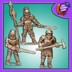A pack of three metal miniatures of The Iron Maidens sculpted by Shane Hoyle for Bad Squiddo Games. These single piece warrior figures are full armoured and each carry a weapon