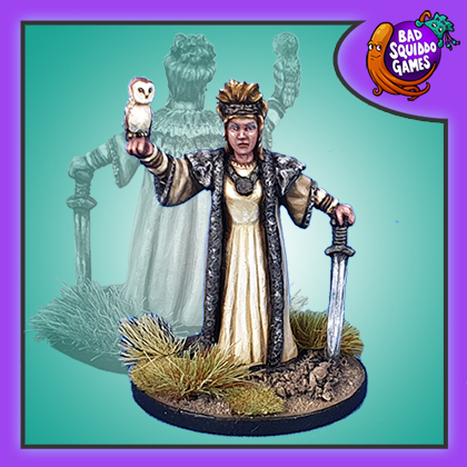 Aurelia the Oracle by Bad Squiddo Games is a metal miniature depicting a wise lady in a long dress holding an owl on her raised hand 