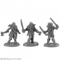 Reaper miniatres zombie pirates,each male pirate has a beard and torn and tatty clothes. One holds an axe, the other a sword and an axe and the third a sword in each hand.