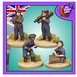 Bad squiddo gaming miniatures, this image has a purple boarder, the united kingdom flag in the top left and the bad squiddo logo in the top right. Female WAAF Engineers. 4 ladies in overalls working 