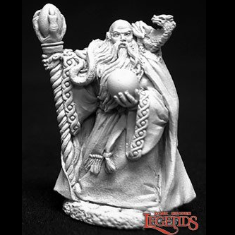 Reaper miniatures dark heaven legends metal miniature 02700 Tox the human wizard sculpted by Sandra Garrity, a great miniature holding a twisted staff in one hand with a dragon on his shoulder. 