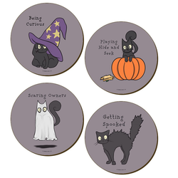 Set of four circular Spooky Cat Behaviour coasters with cute drawings of a black witches cat getting into mischief