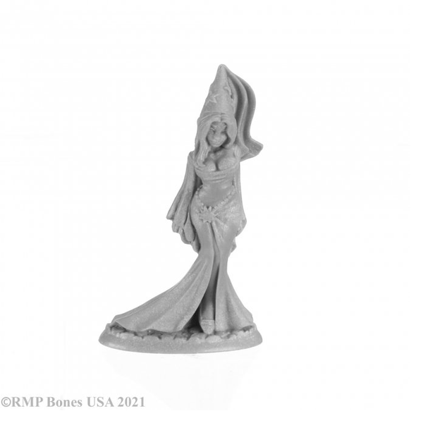 Reaper miniatures female sorceress with a tall princess style hat decorated with stars and vail flowing down the back, long dress with a split up the front and ornate belt.