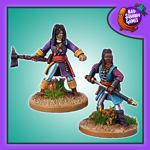 Bad Squiddo Games metal gaming miniatures, female pirate crew, One holds an axe and the other is drawing her sword ready for action. 