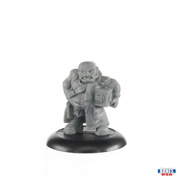  Sansavar Chung, Viceroy bones USA gaming miniature of a sci fi dwarf, this is the front view and he is holding a box under his arm 