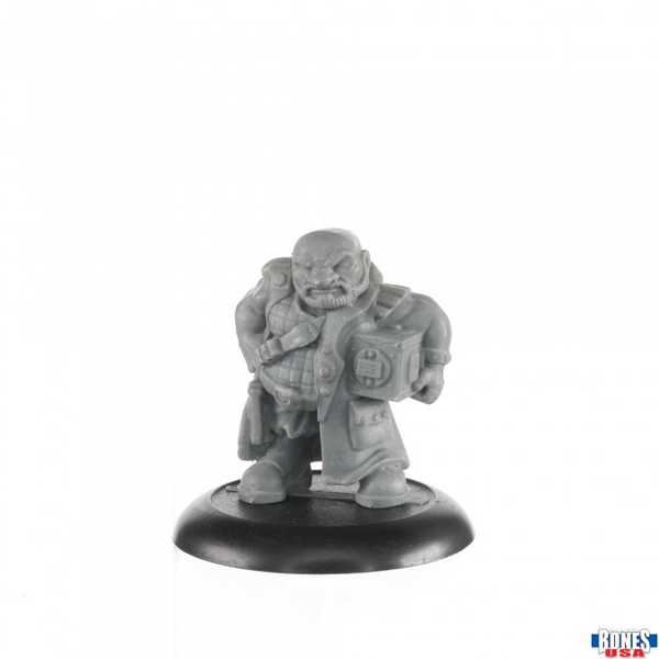  Sansavar Chung, Viceroy bones USA gaming miniature of a sci fi dwarf, this is the front view and he is holding a box under his arm 