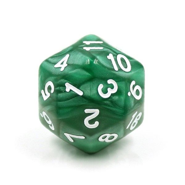 D30 dice in a glossy pearl green with swirls of green colour and white numbers