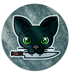  chopping board features a black cats head with green eyes holding a knife in its mouth.