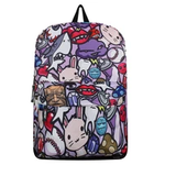 A super cute and funky backpack covered in colourful characters from vampire lips to sharks, lightening cloud to bunny and lots more in between