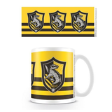 A white mug with the Hufflepuff yellow and black colours in stripes and the house crest in three places running around the mug. Hufflepuff Crest Harry Potter homeware