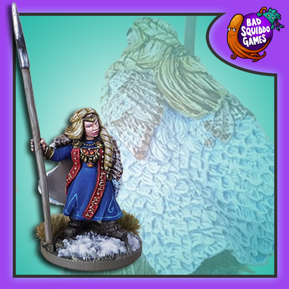 Freyja the Norse goddess by Bad Squiddo Games shown in a standing pose with her fur cape behind her and spear in her hand