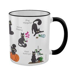 white mug featuring a black cat in various mischievous positions all the way around, black inner and handle. 
