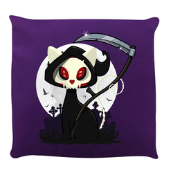 A fun purple cushion with plain back, purple zip and grim reaper cat design on the front