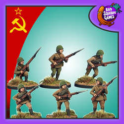 Female Soviet  Infantry With Rifles from bad squiddo games. This image has the soviet flag in one corner and the bad squido logo in the other and shows the 6 members of the unit painted and holding their rifles.