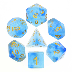 Galaxy Gem Blue Poly Dice Set set of light blue dice with darker blue swirls and silver glitter and gold numbers