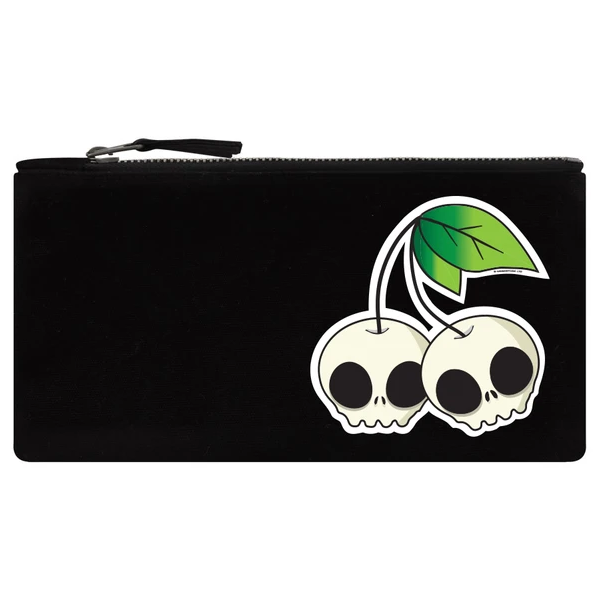 A spooky and cute black pencil case with white skulls representing cherries with cute green leaves