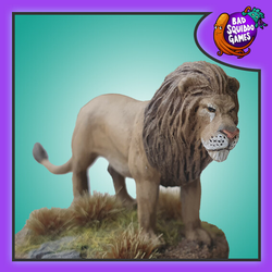 Leo the Lion King - FAF026 by Bad Squiddo Games. An image of a  painted gaming miniature of a lion with mane in a standing position 