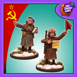 Soviet Traffic Control is a pack of two metal miniatures for your wargaming table depicting female controllers in winter attire, one hold a clipboard and the other flags from the Women of WW2 range by Bad Squiddo Games. 