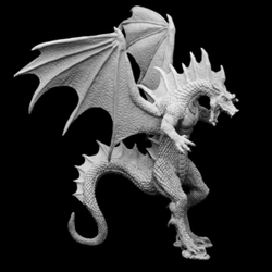 Reaper miniatures bones 5 gaming figure. dragon is in a fighting pose with its mouth open, wings up and in a tall position standing on its back legs