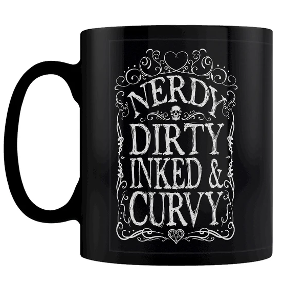 A black mug featuring the words Nerdy Dirty Inked & Curvy 