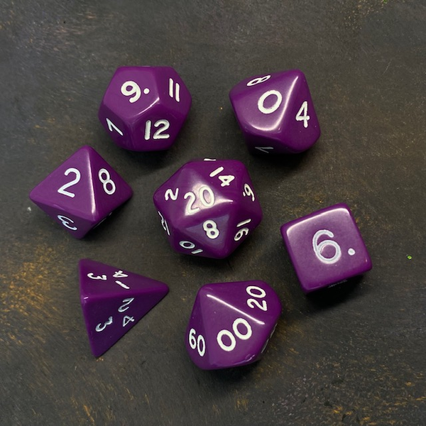 7 purple RPG dice with white numbers