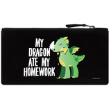 This black pencil case features a green dragon design on the front and the words My Dragon Ate My Homework in white writing