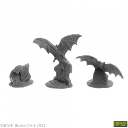 A pack of 3 Giant Bats from the Bones USA Dungeons Dwellers range by Reaper Miniatures. This pack contains three plastic bats in various poses on gravestones, two have their wings outstretched