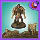 Ziva the Barbarian by Bad Squiddo Games is a metal miniature depicting a female barbarian resting on her weapon with her fur cape keeping her warm and her loyal pet big cats by her side