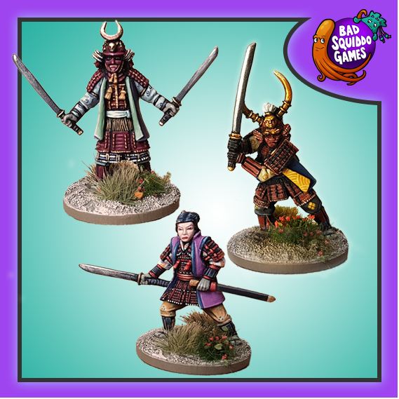 Bad Squiddo Games Gaming Miniatures. this pack contains a metal miniature depicting this famous noble woman holding her unsheathed weapon and two of her body guards both with weapons ready