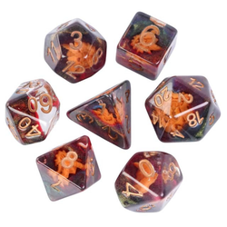 A set of poly dice for use in role playing games such as Dungeons and Dragons, Pathfinder and more, they have a bed of shimmering red, gold and greens with an entombed bone colour dragon head mask and gold numbers.