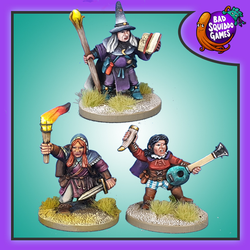 dwarf female wizard with a pointed hat, staff and spell book, a female rogue holding a swrod and torch to light the way for your RPG party and a female dwarf bard with a drinking horn and instrument.