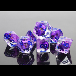 Entombed Eldritch Purple Skull dice set. Gem poly dice with purple skull inserts and blue numbers. 