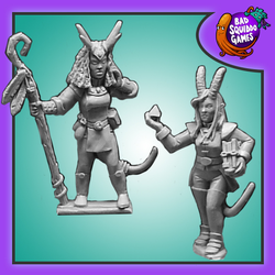 Tiefling Spellcasters by Bad Squiddo Games is a pack of two metal miniatures depicting female spellcasters from the Tiefling race, one holds a staff and the other books. 