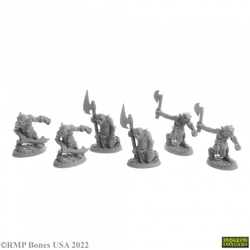 A pack of 6 Goblin Raiders from the Bones USA Dungeons Dwellers range by Reaper Miniatures sculpted by Bobby Jackson. This pack contains six plastic Goblins holding various weapons