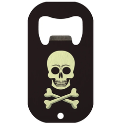  This black bottle opener features a cream skull and crossbones design. 