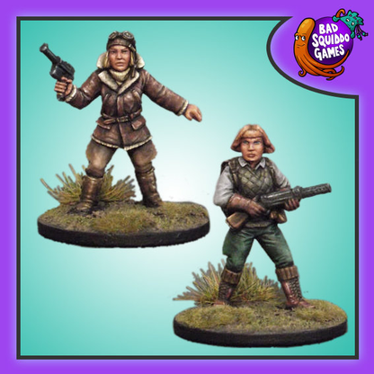 Bad Squiddo gaming miniature, these ladies are holding their weapons ready in an alert stance. 
