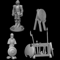 Reaper Miniatures Bones 5 gaming figures, dungeon dressing.  target, weapon rack, suit of armour and armour stand