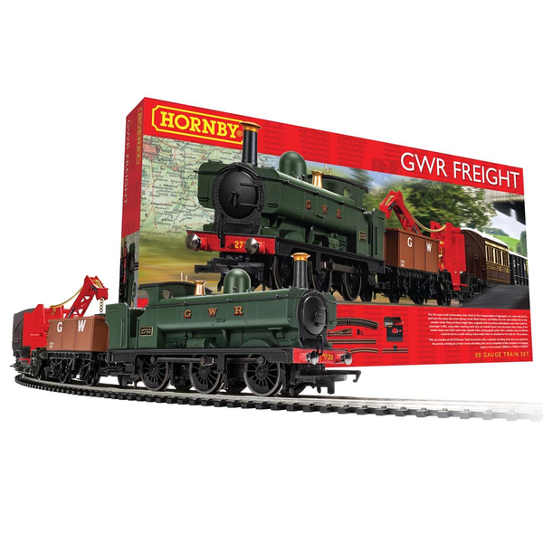 GWR Freight Train Set by Hornby. A green train on a track pulling a brown wagon with a crane in front of a red box with the same image but going in the opposite direction on the front