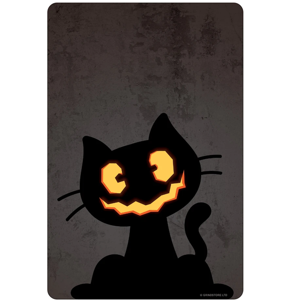 A strangely hypnotic tin sign featuring a black cat with a pumpkin style head and slightly deranged smile