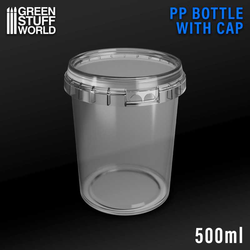 PP Bottle With Cap 500ml by Green Stuff World a round 500ml plastic container with a flat lid, great for storing hobby supplies, basing materials and more.