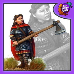 Brynhildr, Shieldmaiden Champion from Bad Squiddo Games holding an axe in her hands. 