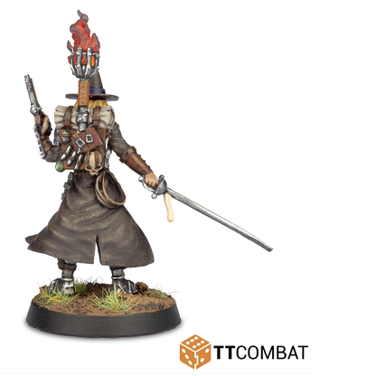 28mm Miniatures- Witch Hunter- tt combat- With a weapon in each hand, book and supplies firmly attached to his clothing and a torch lit on his back this Witch Hunter means business