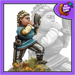 Inga, Shieldmaiden Musician is shown blowing a horn. Female miniature by Bad Squiddo Games 